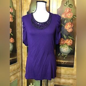 Apt 9 Women's Purple Beaded Ruched Shoulder Short Sleeve Top - Size M